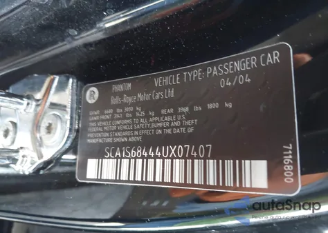 2004 Rolls-Royce Phantom z USA, uszkodzony, nr VIN SCA1S68444UX07407